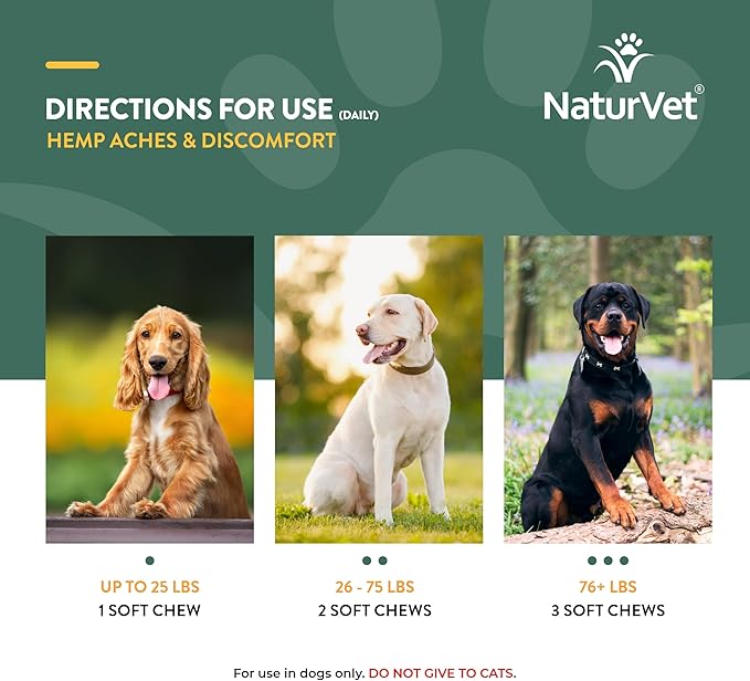 NaturVet Hemp Aches & Discomfort Plus Hemp Seed for Dogs, 60 ct Soft Chews, Made in The USA