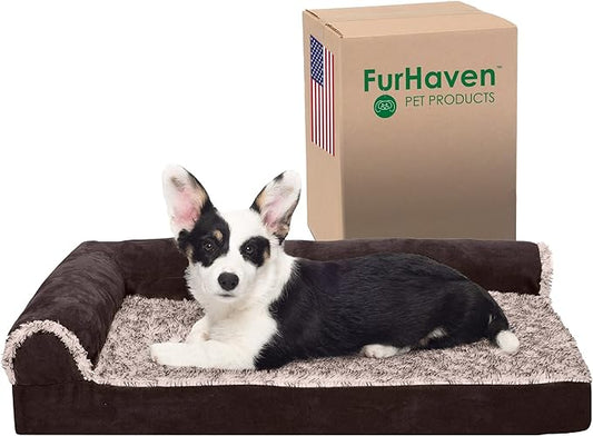 Furhaven Orthopedic Dog Bed for Medium/Small Dogs w/ Removable Bolsters & Washable Cover, For Dogs Up to 35 lbs - Two-Tone Plush Faux Fur & Suede L Shaped Chaise - Espresso, Medium,30"L x 20"W x 6"Th