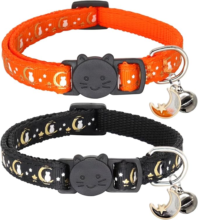 2 Pack Breakaway Cat Collar with Bells, Adjustable Moon and Star Kitten Safety Collars for Boys & Girls, Black+Orange