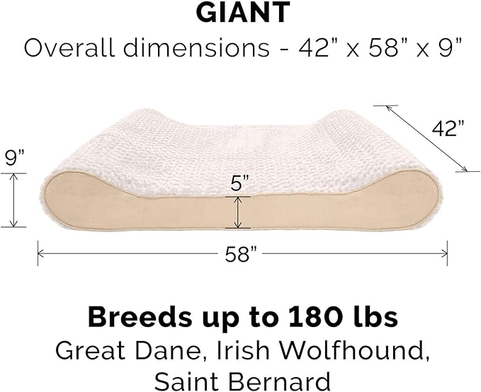 Furhaven Orthopedic Dog Bed for Extra Large Dogs w/ Removable Washable Cover, For Dogs Up to 180 lbs - Ultra Plush Faux Fur & Suede Luxe Lounger Contour Mattress - Cream, Giant/XXXL