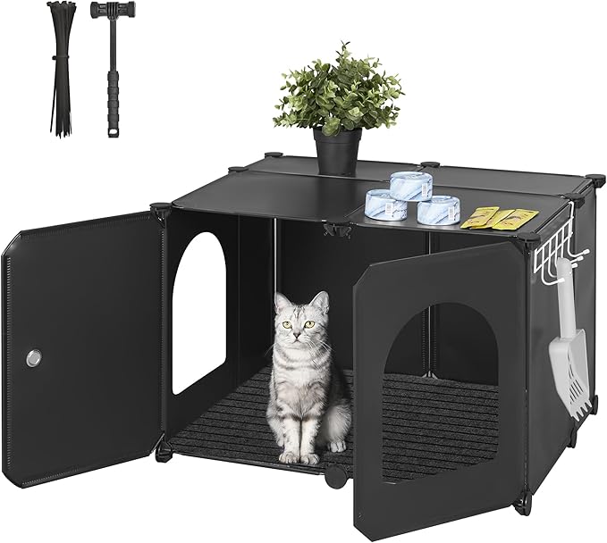 Cat Litter Box Enclosure with Hooks, Plastic Covered Little Box with Mat, Splash Proof Litter Box Furniture, 23.7 x 18.5 x 16.1 inches, End Table for Living Room, Black CB81899BK