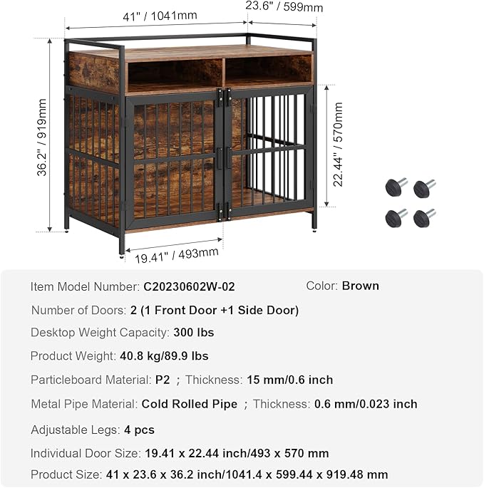 VEVOR Furniture Style Dog Crate with Storage, 41 inch Dog Crate Furniture Large Breed with Double Doors, Wooden Dog Cage for Large/Medium Dog Indoor, Hold up to 70 lbs, Rustic Brown