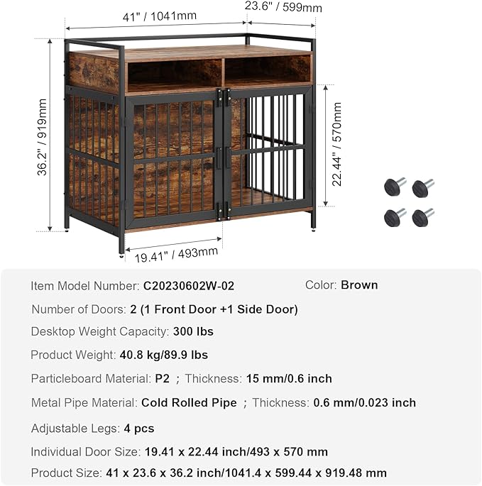 VEVOR Furniture Style Dog Crate with Storage, 41 inch Dog Crate Furniture Large Breed with Double Doors, Wooden Dog Cage for Large/Medium Dog Indoor, Hold up to 70 lbs, Rustic Brown