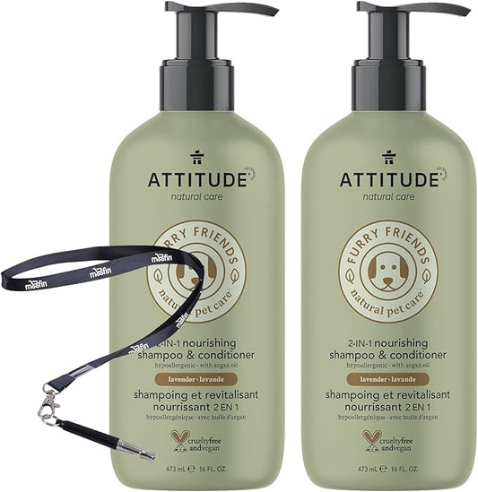 Shampoo and Conditioner 2 in 1 Nourishing for Cats & Dogs, 16 fl oz with Moofin SS Pet Training Whistle, Lavender & Argan Oil, Hypoallergenic, Natural, Gentle & Moisturizing (Pack of 2)