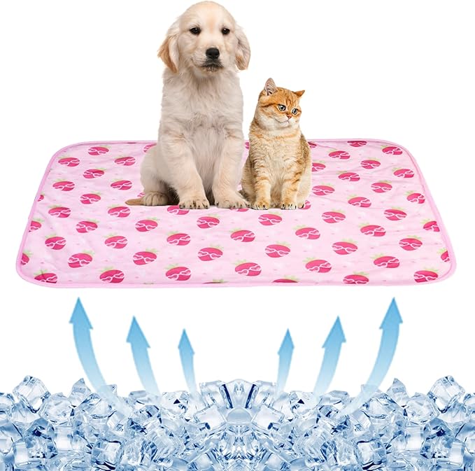 BAMY Cat Cooling Mat Summer Dog Silk Pad Self Cooling Cushion Washable Kitten Ice Blanket with Duck Strawberry Pattern (Pink Strawberry, L (39.4"x27.6"))