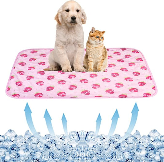 BAMY Cat Cooling Mat Summer Dog Silk Pad Self Cooling Cushion Washable Kitten Ice Blanket with Duck Strawberry Pattern (Pink Strawberry, L (39.4"x27.6"))