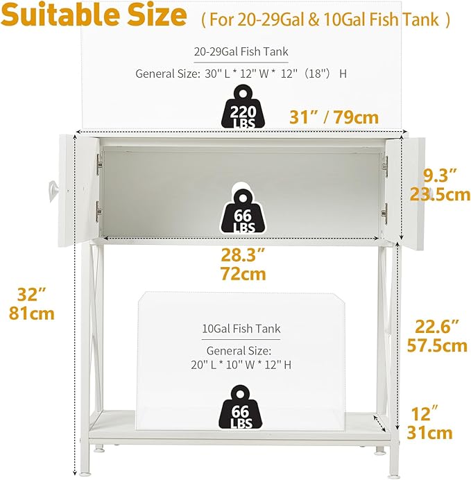 20-29 Gallon Aquarium Stand with Cabinet, 20 Gallon Long Fish Tank Stand with 31''L * 12''W Tabletop, Double Heavy Metal Stand with Stable Structure, Adjustable Table Feet - White