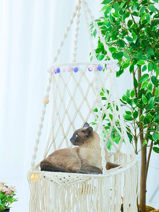 Hanging Cat Hammock Bed 9 Pcs Macrame Cat Swing Bed Macrame Hanging Cat Bed, with 2 Catnip Mat Bed