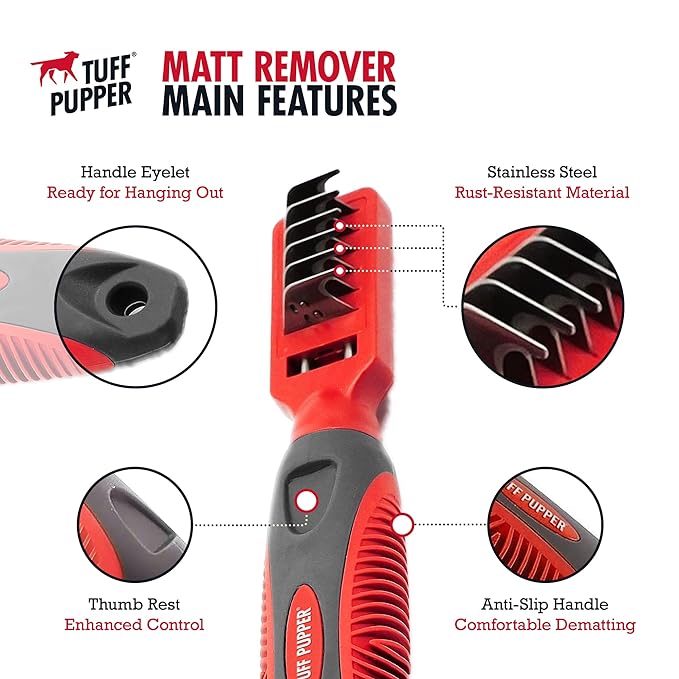 Tuff Pupper Deep Knot and Mat Remover Tool | Dematting Comb, Brush For Dogs, Cats, Small Animals | Remove Difficult Knots From Long Haired Dogs, Short Fur Dogs | Mat Splitting Grooming Comb for Pets