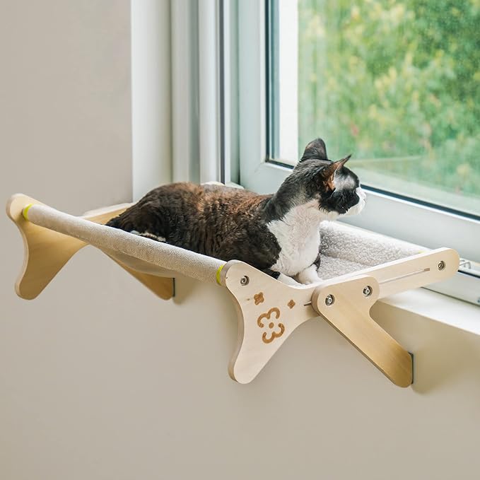 Cat Window Perch Cat Window Hammock Seat for Indoor Cats Sturdy Adjustable Steady Cat Bed Providing All-Around Sunbath Space Saving Washable Holds Up to 40 lbs (2 in 1 Cream-colored)