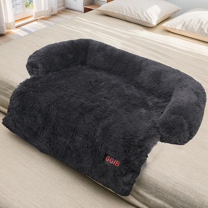 Calming Dog Bed Fluffy Plush Dog Mat for Furniture Protector with Removable Washable Cover for Large Medium Small Dogs and Cats (Large(45x37x6), Dark Grey)