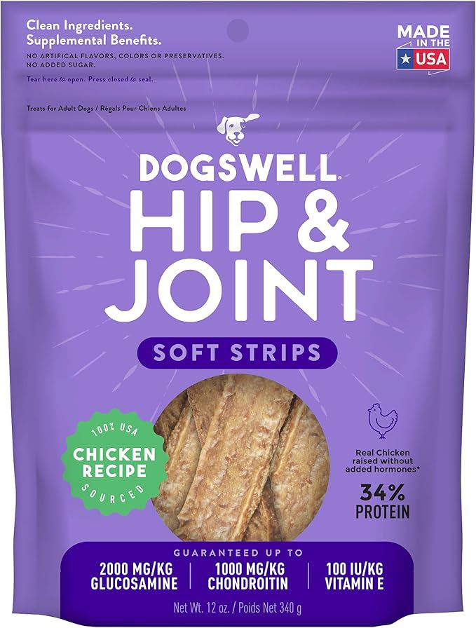 DOGSWELL Hip & Joint Dog Treats 100% Meaty, Grain Free, Glucosamine Chondroitin & Omega 3, Chicken Soft Strips 12 oz