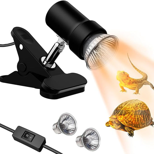 Reptile Heat Lamp, Rotatable UVA/UVB Light Lamp with 2PCS 50W Basking Bulbs, Suitable for Reptiles, Amphibians, Turtle, Lizard, Spiders, Birds, Snake (Black)