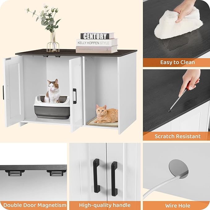 DWANTON Litter Box Enclosure, Cat Litter Box Furniture Hidden, with Scratching Mat, Wooden Cat Washroom Indoor, Fit Most of Litter Box, 31.5" L x 19.7" W x 21.7" H, White+Dark Gray