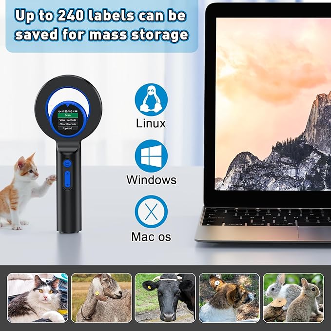 Pet Microchip Scanner Rechargeable RFID Micro Chip Reader Scanner ISO11784/85/FDX-B/EMID 240 Records Data Storage Upload to PC，for Animal/Pets/Pigs/Dogs/Cats