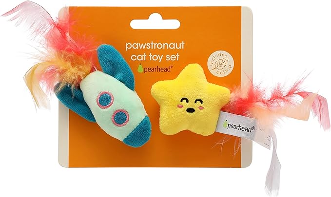 Pearhead Pawstronaut Cat Toy Set, Feather Teaser and Rattle Catnip Toy Set, Cat Owner Playtime Pet Accessory, Pet Toy, Cat Teaser Toys, Cat Owner Pet Toy Sets, Must Have Pet Accessories For Pet Owners