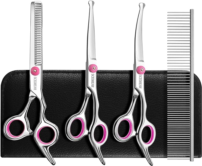 Dog Grooming Scissors with Safety Round Tips 5 in 1 Dog Scissors for Grooming 4CR Stainless Steel Grooming Scissors for Dogs and Cats, Professional Pet Grooming Shears, Pink