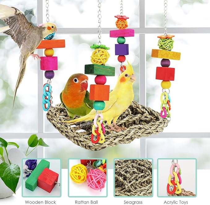 Bird Toys Parakeet Toys Conure Toys Bird Foraging Wall Toy,Seagrass Woven Hammock Swing Mat for Climb Perch Swing with Colorful Wooden Chewing Toys for Lovebirds,Parakeets,Conure,Cockatiel (Middle)