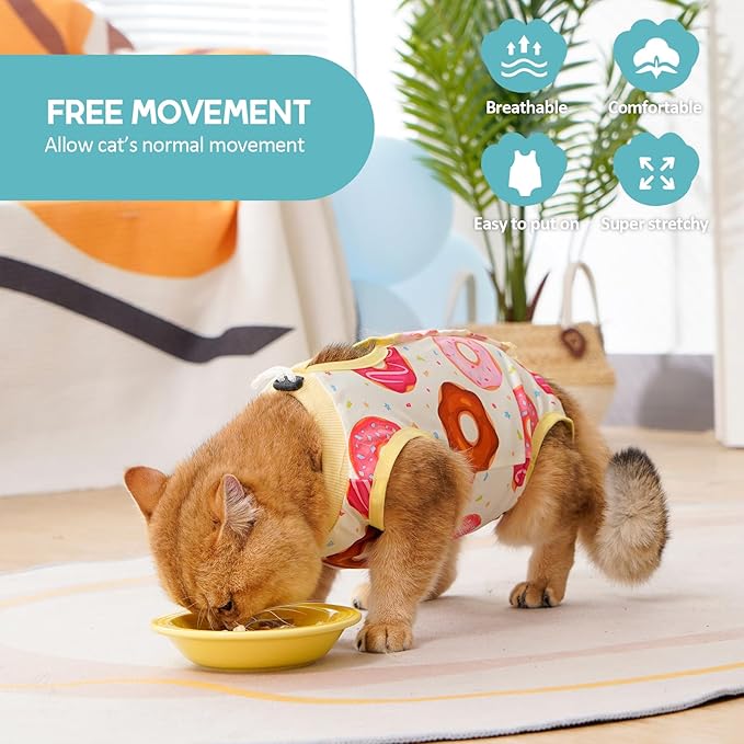 Avont Cat Recovery Suit - Kitten Onesie for Cats After Surgery, Cone of Shame Alternative Surgical Spay Suit for Female Cat, Post-Surgery or Skin Diseases Protection -Donut(M+)