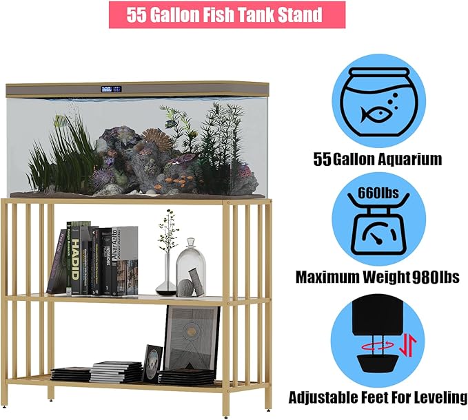 Fish Tank Stand with Metal Shelves, 55 Gallon Aquarium Stand Heavy Duty Turtle Tank Terrariums Tank Breeder Reptile Tank Stand for Home Office, 48.4” x 14.9” x 29.5” (Gold)