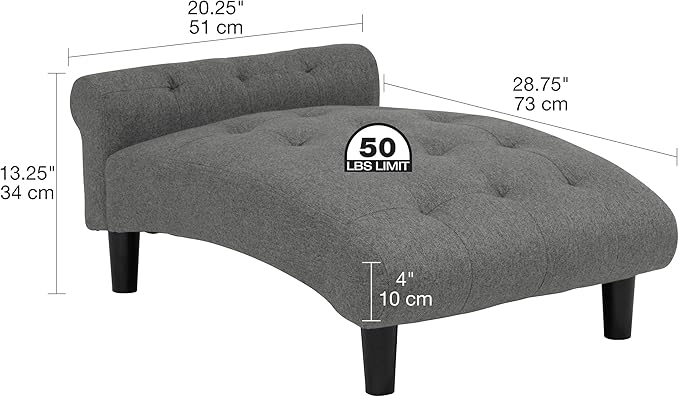 Paws & Purrs Modern 21" Wide Pet Chaise Lounge Bed for Small to Medium Dog or Cat, 28.8" L x 20.3" W x 13.3" Th, Gray