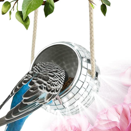 Bird Cage Disco Feeder - Creative Hanging Bird Disco Ball Feeder Seed Food Cup for Cage - Mirror Ball Bird Food Water Bowl for Cage - Wide Application Feeder for Wild Bird, Parrot