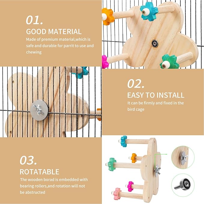 Wooden Parrots Ferris Wheel Toy with Perches, Bird Toy Rotating Perch Toy, Hanging Bird Stand Cage Accessories for Parakeet Parrot, Cockatiel, Budgerigar,Conure, Lovebirds