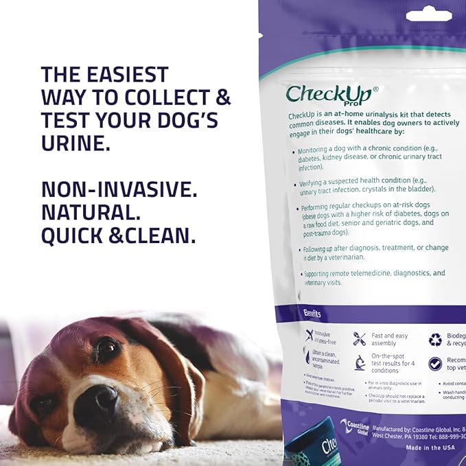 CheckUp Pro at Home Wellness Test for Dogs | Telescopic Pole, Cup, 2 Strips | Early Detection of 10 Health Indicators | pH, Protein, Urobilinogen, Glucose, Bilirubin, Ketone, S-Gravity, Blood in urine