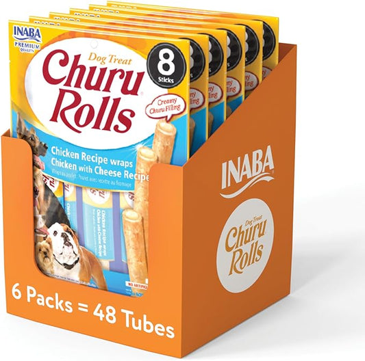 INABA Churu Rolls for Dogs, Grain-Free, Soft/Chewy Baked Chicken Wrapped Churu Filled Dog Treats, 0.42 Ounces Each Stick| 48 Stick Treats Total (8 Sticks per Pack), Chicken with Cheese Recipe