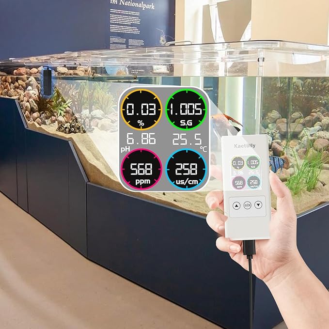 Upgraded 6 in 1 Aquarium Water Test Monitor for Freshwater, Fish Tank, Fish Pond,Accurate Testing PH, Temp, TDS, SG, Salinity, EC,