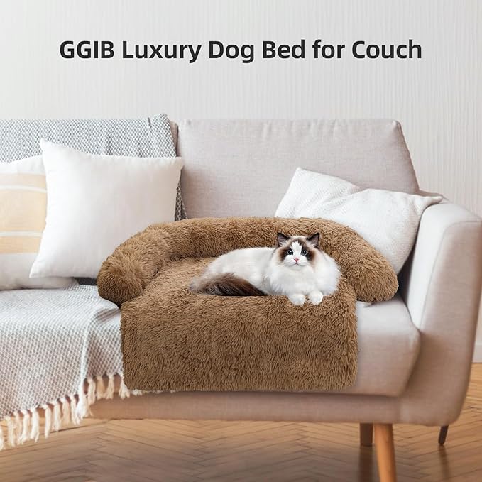 Calming Dog Bed Fluffy Plush Dog Mat for Furniture Protector with Removable Washable Cover for Large Medium Small Dogs and Cats (XS(31“x27.5”x5), Light Brown)