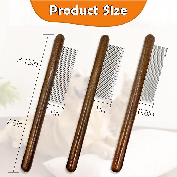 3 Pack Solid Wood Cat Combs,Flea Lice Comb with Rounded Stainless Steel Teeth for Cat Dog Rabbit Massage Removes Mats, Tangles and Loose Fur,Grooming Comb for Cat/Dog/Small Medium Pets