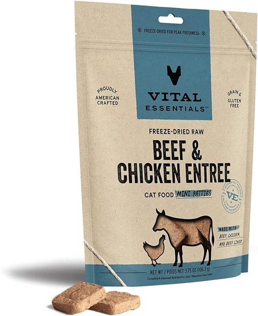 Vital Essentials Freeze Dried Raw Cat Food, Beef & Chicken Mini Patties Entree, 3.75 oz