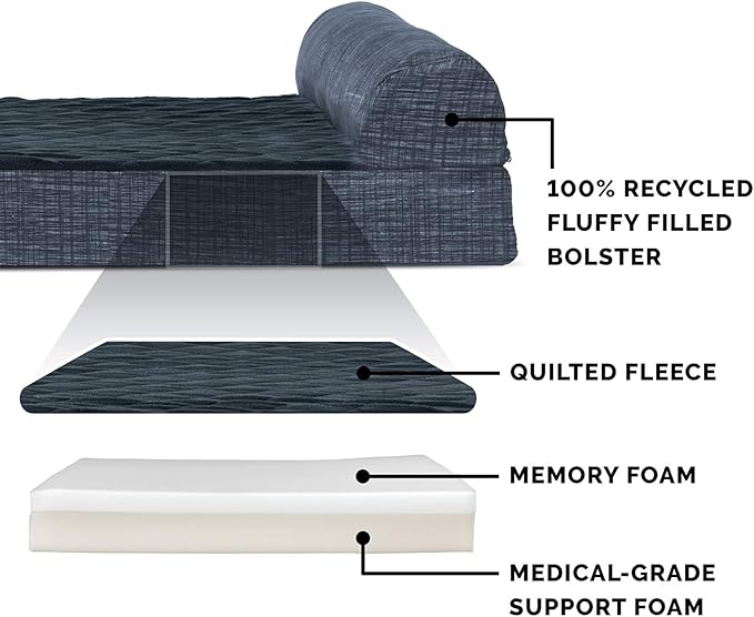 Furhaven Memory Foam Dog Bed for Medium/Small Dogs w/ Removable Bolster & Washable Cover, For Dogs Up to 35 lbs - Quilted Fleece & Suede Print Bolster Chaise - Dark Blue, Medium