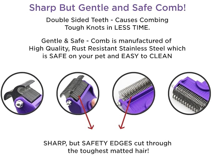 Hertzko Double-Sided Dog & Cat Dematting Comb: Pet Grooming Tool for Removing Loose Undercoat, Mats, and Tangled Hair - Doodle Dematting Comb, Self-Cleaning (Purple)