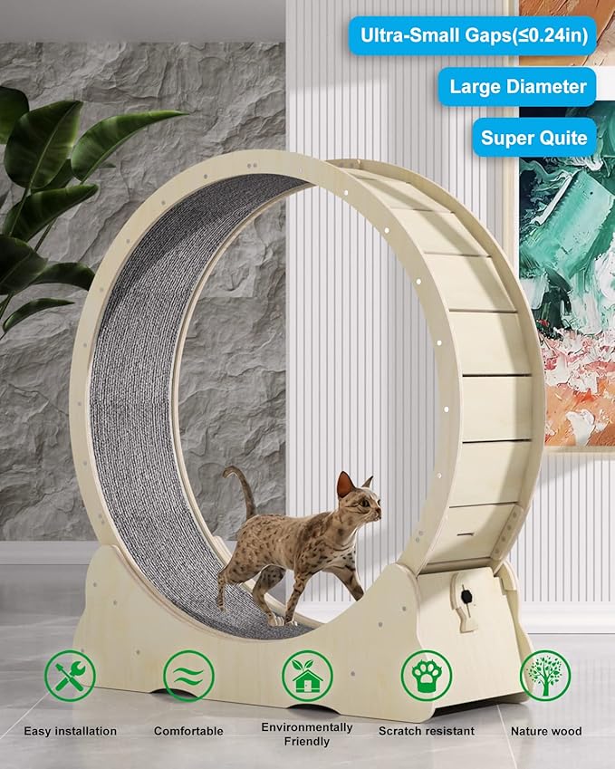 Cat Wheels for Indoor Cats. Extra Large Diameter Cat Treadmill. Made of Natural Solid Wood. Inside Diameter 40in/100cm. Including Installation Tools and Cat Teaser. (Wood)