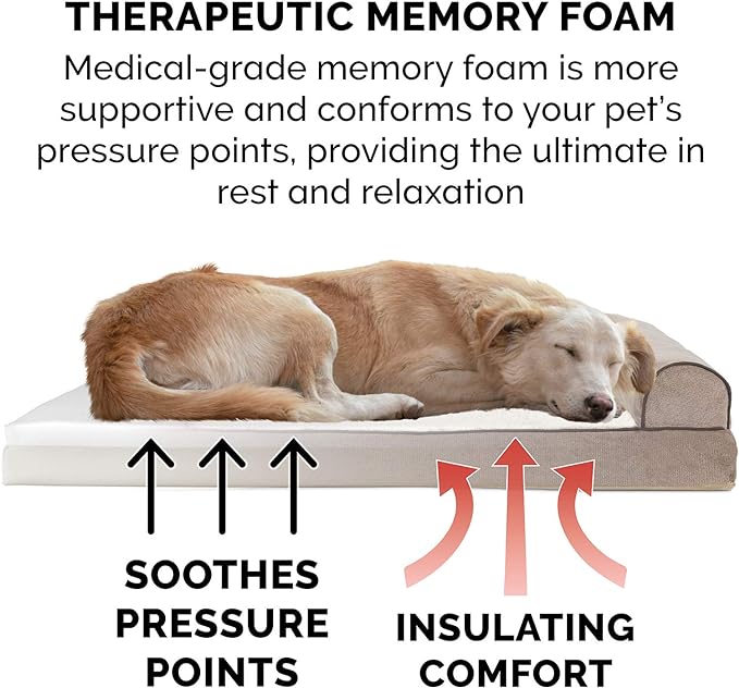 Furhaven Memory Foam Dog Bed for Large Dogs w/ Removable Bolsters & Washable Cover, For Dogs Up to 125 lbs - Sherpa & Chenille Sofa - Cream, Jumbo Plus/XXL