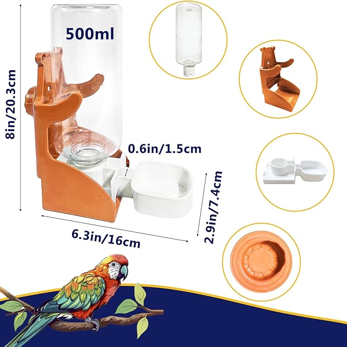 No Mess Bird Feeders with Water Dispenser Automatic Transparent Acrylic Food Container Drinker for Cage Automatic Parrot Feeder Seed Container Cage Accessories Orange