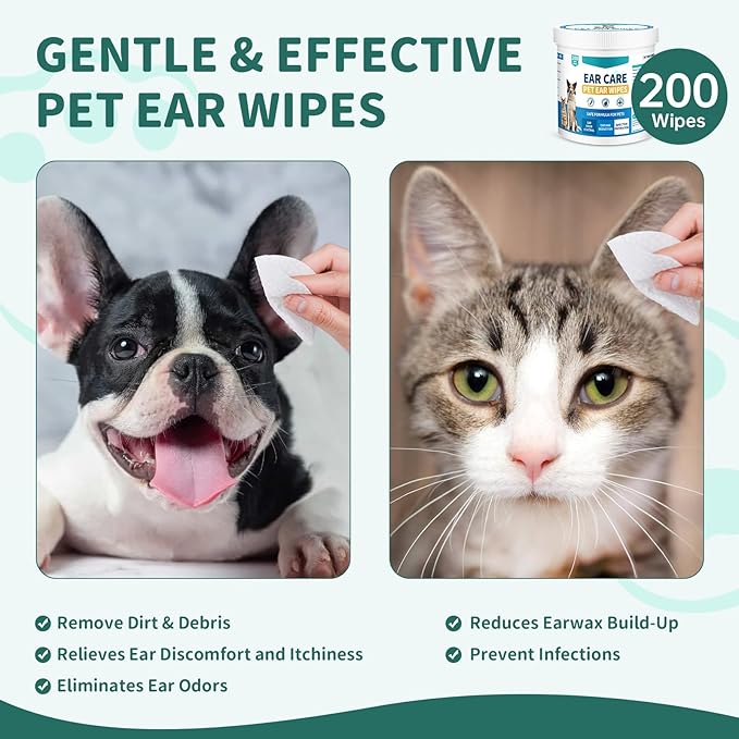 Ear Wipes for Dogs Cats, 200 Pcs Pet Ear Cleaner Wipes for Dogs Cats Gently Remove Ear Wax, Dirt Debris - Cleanse, Soothe & Deodorize - Dog Cat Ear Cleaning Wipes Relieve Ear Itching & Inflammation