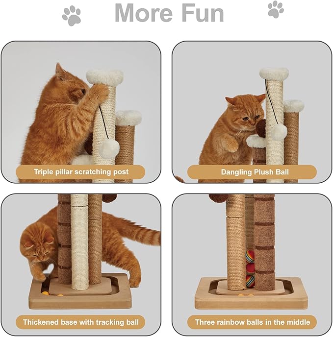 Cat Scratching Post Premium Natural Sisal Jute Carpet 3 Scratch Posts with Interactive Track Ball Base and Hanging Balls Toys Tall Kitten Scratcher for Indoor Kittens and Small Cats