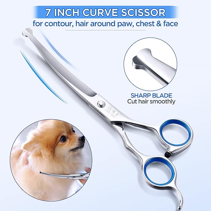 Gimars 7.0in Professional 4CR Stainless Steel Safety Round Tip 6 in 1 Dog Grooming Scissors Heavy Duty Titanium Coated Pet Grooming Scissor for Dogs, Cats and Other Animals