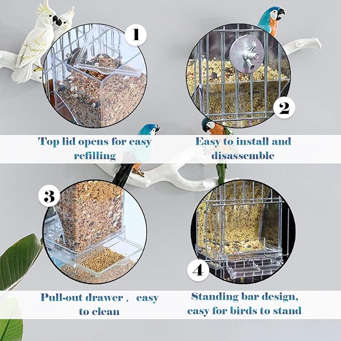 kathson No Mess Bird Feeder Water Dispenser Set,Automatic Parakeet Feeders Drinker Cage Acrylic Parrot Seed Food Dispenser Container Accessories for Small Lovebirds Canary Budgies Finch Squirrel(2Pcs)