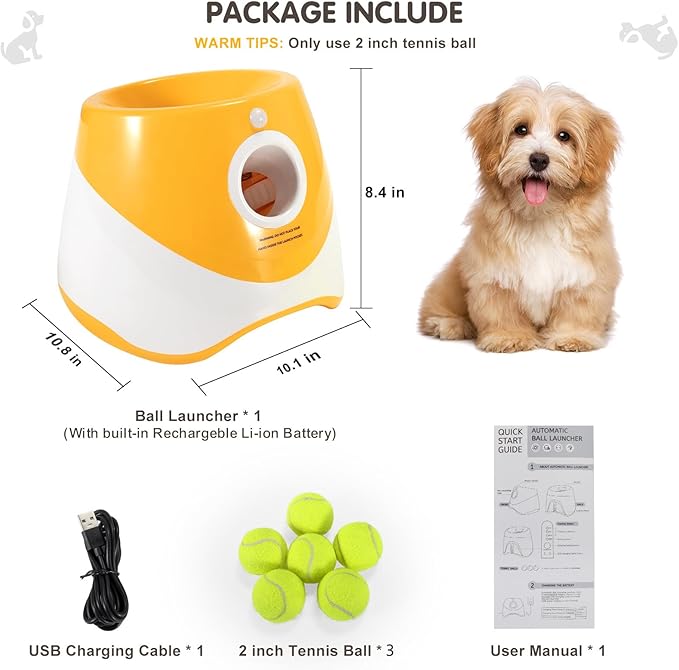 Automatic Ball Launcher for Dogs ，Interactive Dog Ball Thrower Adjustable Distance 10-30ft Tennis Ball Thrower Including 2-inch Small Sized Tennis Balls (Orange-3 Balls)