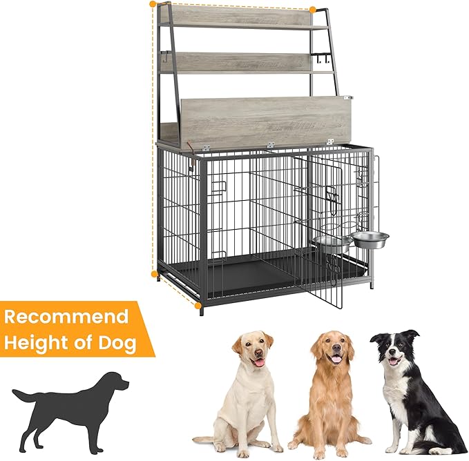 GAOMON Dog Crate Furniture with Storage Shelves, Wooden Dog Kennel with Removable Tray,Double Doors Modern Dog Crate,Indoor Dog House with Two Adjustable Stainless Steel Bowls,End Table Dog Cage,Grey