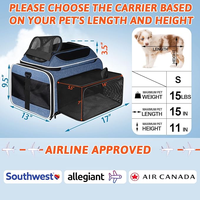 Top and Side Expandable Pet Carrier 17x13x9.5 Inches Southwest Allegiant Airline Approved, Soft-Sided Carrier for Small Cats and Dogs with Locking Safety Zippers and Anti-Scratch Mesh(Blue)