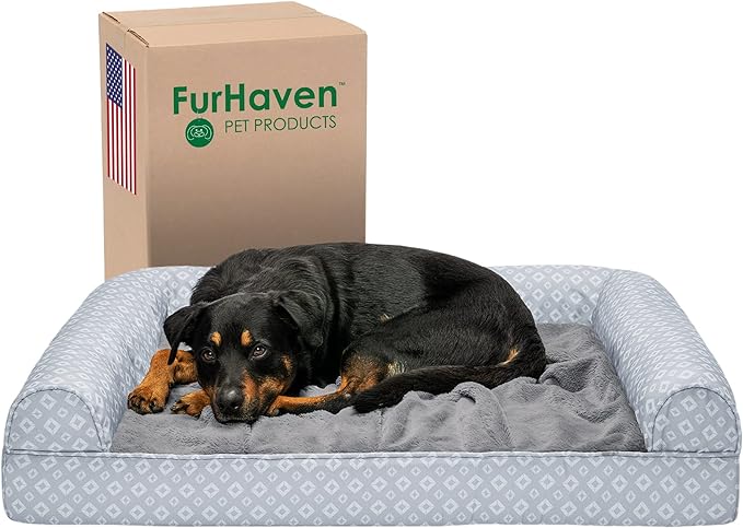 Furhaven Cozy Orthopedic Dog Bed for Large Dogs w/ Removable Bolsters & Washable Cover, For Dogs Up to 95 lbs - Plush & Diamond Print Nest Top Sofa - Gray, Jumbo/XL