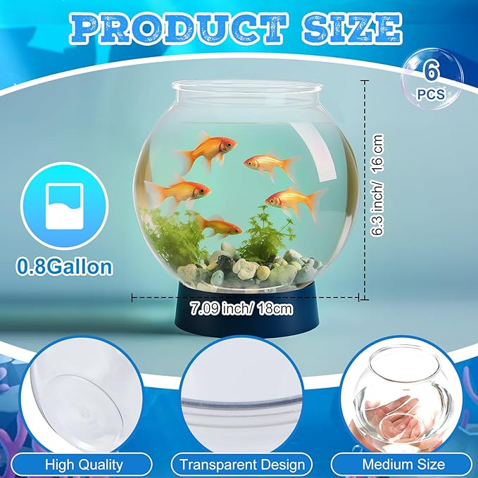 Mifoci 6 Pcs Fish Bowl Plastic Fish Tank Clear 100 oz Goldfish Bowl Multipurpose Round Desktop Aquarium Transparent for Home Office Betta Fish Goldfish Turtle Candy Party Favors, 7.09 x 6.3 Inch