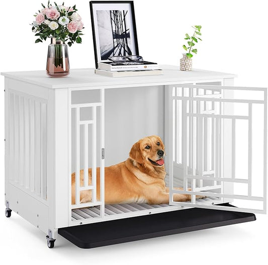 YITAHOME Dog Crate Furniture, 38.2" Heavy Duty Dog Cage, Wooden Side End Table with Wheels, Chew-Resistant Metal Dog Kennel with Removable Tray, Dog House Indoor for Small Medium Dogs, White