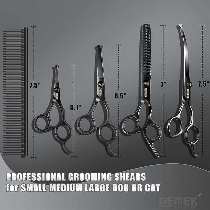 Dog Grooming Scissors Kit with Safety Round Tips, GEMEK Professional 6 in 1 Grooming Scissors for Dogs, Heavy Duty Titanium Coated Pet Grooming Scissor for Dogs, Cats and Other Animals (Black)