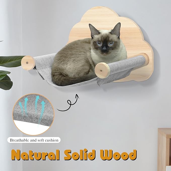 Wall Mounted Cat Furniture 3PCS Set, Solid Wood Cat Shelves and Perches for Wall Cat Hammock Cat Perches Cat Climbing Wall Steps Cat Ladder for Kitty & Kitten